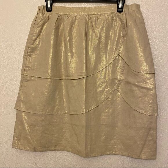 Anthropologie Edme & Esyllte Gilded Lily Gold linen Tiered tulip Skirt -10 - Picture 2 of 11